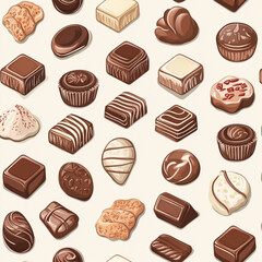 A seamless pattern illustration of various delicious chocolates