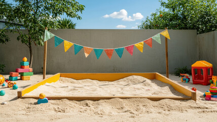 Happy birthday bunting themed, colorful sandbox with whimsical bunting and toys in sunny garden