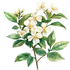 A detailed illustration of a flowering plant featuring white blossoms and green leaves, showcasing nature's beauty