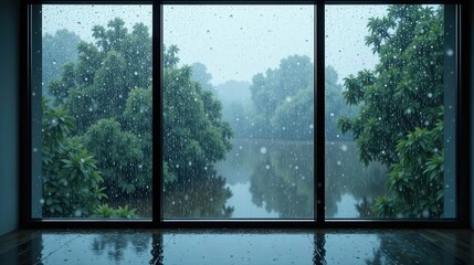 Naklejka premium Serene Rainy Day View from Large Window Showing Lush Greenery and Calm Water Reflection
