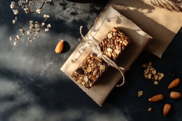 Rustic energy bars wrapped in kraft paper with almonds and granola