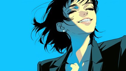 Joyful woman with flowing hair smiling against a bright blue background, exuding happiness and confidence in a vibrant animated style.