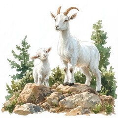 Obraz premium A serene scene depicting a mother goat and her playful kid standing on rocky terrain surrounded by lush greenery