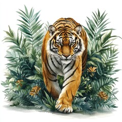 Majestic tiger prowling through lush tropical foliage, showcasing its strength and beauty in nature