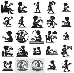 vector set silhouette of gaming addiction