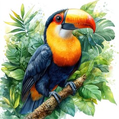 Vibrant toucan perched on a branch surrounded by lush green foliage, capturing the essence of tropical wildlife