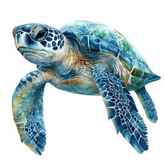 Vibrant underwater scene featuring a graceful sea turtle swimming through clear blue waters with coral