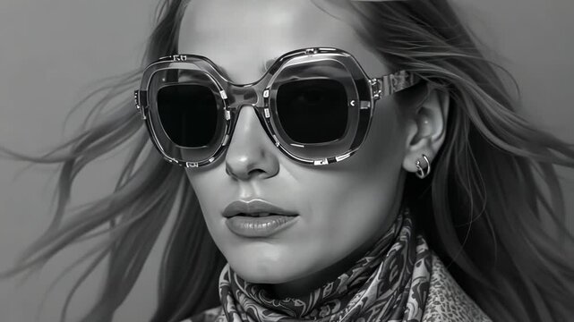 Elegant Black and White Portrait of a Person in a Patterned Scarf and Textured Coat with Multiple Earrings