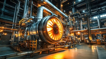 Gas turbine engine glowing with heat and energy, positioned in a large petrochemical facility with mechanical precision, surrounded by piping.