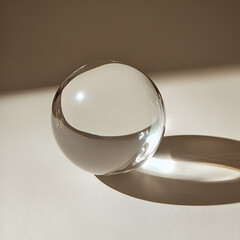 Crystal Sphere Reflection: A captivating image of a clear glass sphere resting on a neutral background, casting a dramatic shadow and reflecting light beautifully.