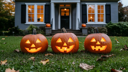Lit Jack-o'-lanterns on suburban lawn at dusk