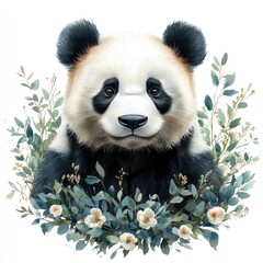 Fototapeta premium Close-up portrait of a panda surrounded by greenery, showcasing its features and natural habitat