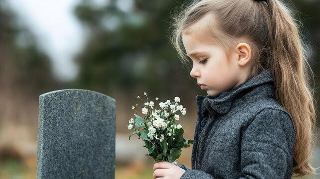A child holding a small bouquet of flowers, standing in front of a gravestone, emotional and tender scene