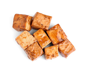 Pieces of fried tofu cheese with soy sauce on white background