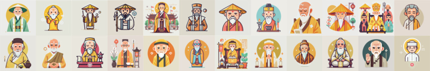 vector set of confucian monk character