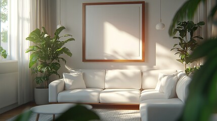 Large poster frame above a white sofa in a Scandinavian living room, sleek furniture, indoor plants, and light modern tones, 3D render