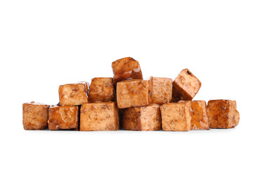 Pieces of fried tofu cheese with soy sauce on white background
