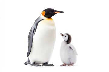 Fototapeta premium Adorable emperor penguin and fluffy chick standing together in a bright, snowy environment