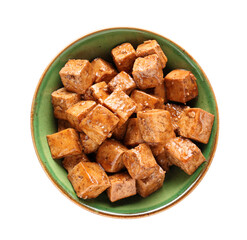Bowl with pieces of fried tofu cheese on white background