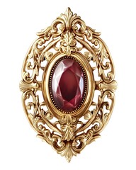 an ornate gold frame with intricate floral designs, featuring a large, faceted red gemstone in the center.