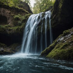 Obraz premium Write about the sound of water echoing through a narrow canyon as it reaches a waterfall.