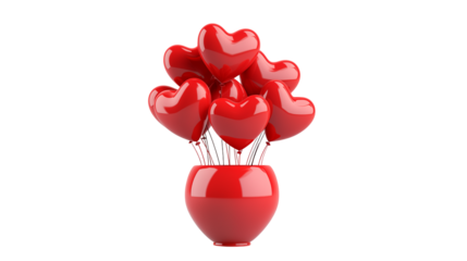Romantic Red Heart Balloons in Vase Valentines Day isolated on transparent background