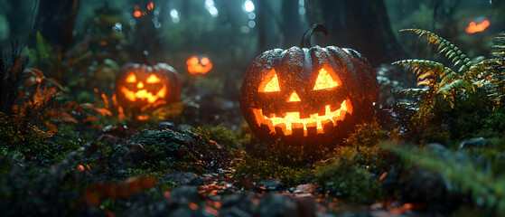 Naklejka premium Lit jack-o'-lanterns in spooky forest