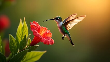 Fototapeta premium A vibrant hummingbird hovers near a radiant red flower, poised for a sweet nectar kiss