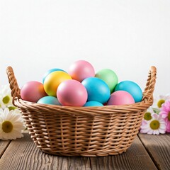 wicker basket filled with colorful easter eggs on wooden tabletop