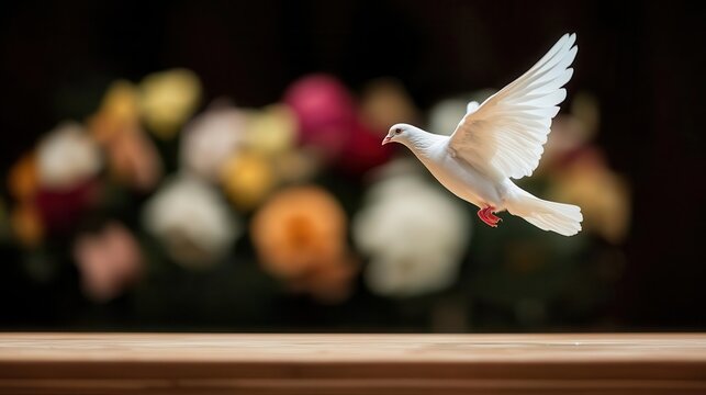 A closeup of a white dove released during a funeral ceremony, with blurred flowers in the background, symbolizing peace