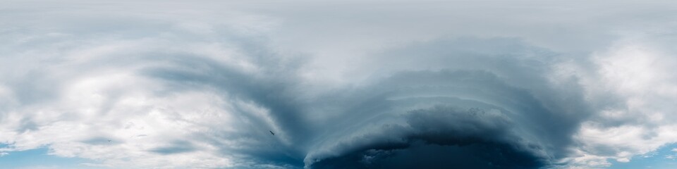Dark moody rain storm clouds in overcast sky. Seamless 360 HDR spherical panorama. Full zenith or sky dome in 3D environment, sky replacement for aerial drone panoramas. Climate and weather change