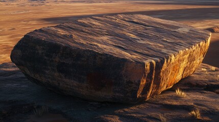 Enormous monolithic rock in a flat desert landscape, warm evening light casting long shadows, with hints of red and brown hues on the textured rock surface.