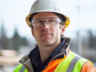 Construction Site Manager - Construction site manager overseeing work, wearing a hard hat and safety gear, on a White Background.