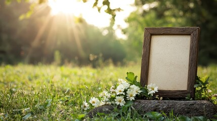 A gravestone surrounded by fresh flowers and a small photo frame, peaceful and sentimental setting