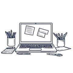 Laptop Workspace With Pencils Pens Notepad And Sticky Notes