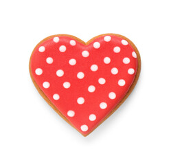 Tasty red heart shaped cookie on white background. Valentine's day celebration