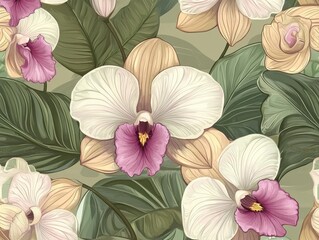 Seamlessorchids and hibiscus in a tropical style Pattern
