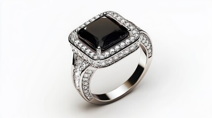 Blackstone ring with a square-cut black sapphire and white diamonds, on a plain background, with a white gold band