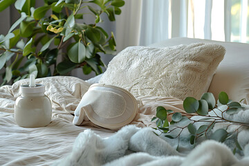 sleep wellness, eye mask on pillow, essential oil diffuser, and natural sounds create a peaceful sleep setting