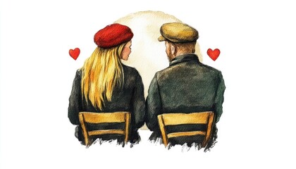 Obraz premium A romantic illustration of a couple sitting together, gazing at a full moon with hearts in the background