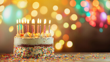 A festive birthday cake topped with sprinkles and glowing candles, surrounded by colorful bokeh lights creating a celebratory vibe.