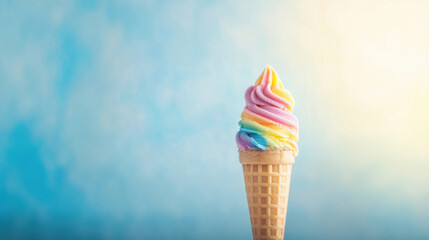 Close-up of a colorful rainbow soft serve ice cream in a waffle cone against a bright blue and yellow gradient background.