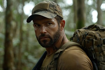 Obraz premium Military man with tactical gear surveying dense forest environment during a survival operation