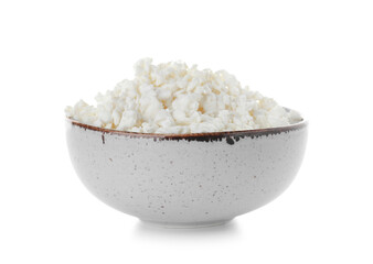 Bowl with fresh cottage cheese on white background