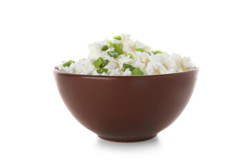 Brown bowl with fresh cottage cheese and cut green onion on white background