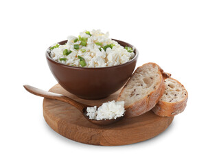 Bowl of fresh cottage cheese with cut green onion and slices of bread on white background
