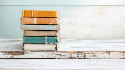 A neat stack of colorful books arranged in a visually appealing way, perfect for bookshelf styling or decoration.