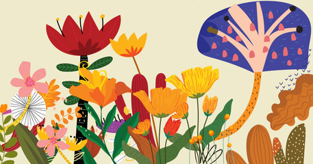 Fototapeta premium Spring flowers floral hand drawing wild plants vector illustration. Colorful flowers border in flat style design for banner wallpaper and background.