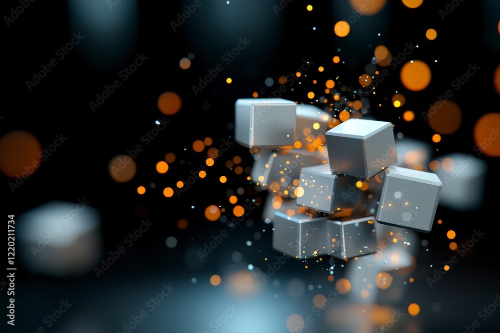 Poster abstract composition of floating 3d cubes surrounded by shimmering particles on a dark background