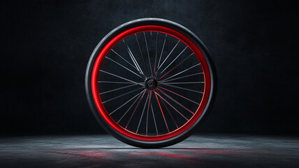 A bicycle wheel with a black tire and a bright red rim, positioned upright against a dark background. 